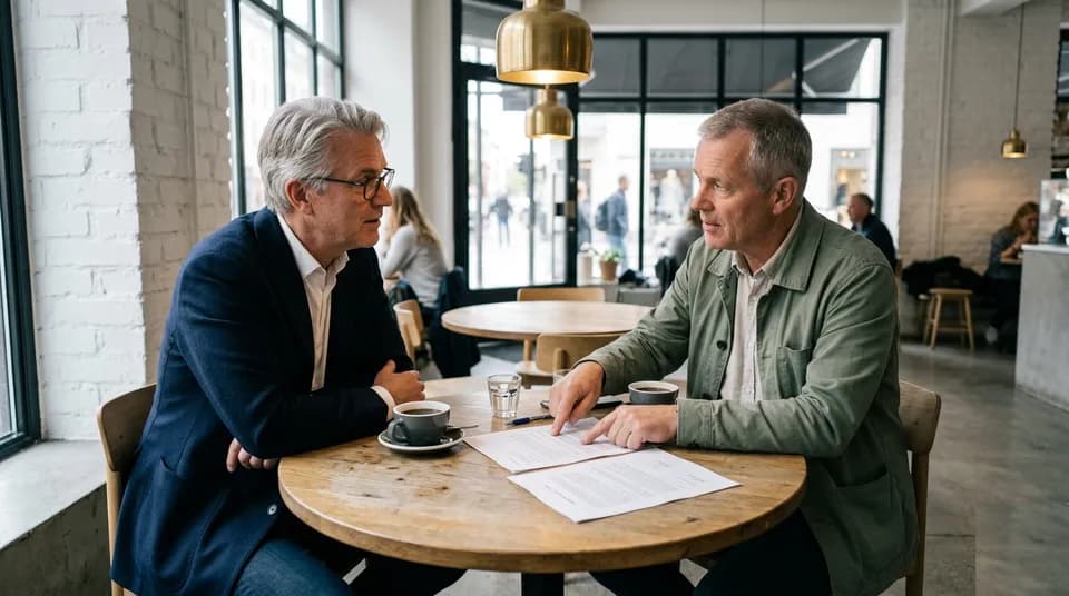 Två män diskuterar juridiskt dokument över kaffe på café